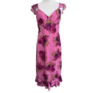 Betsey Johnson Babydoll Midi Dress M Pink Roses Fairy Coquette Ruffle Feminine
